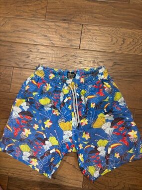 Retromarine Blue Tropical Print Swim Trunks